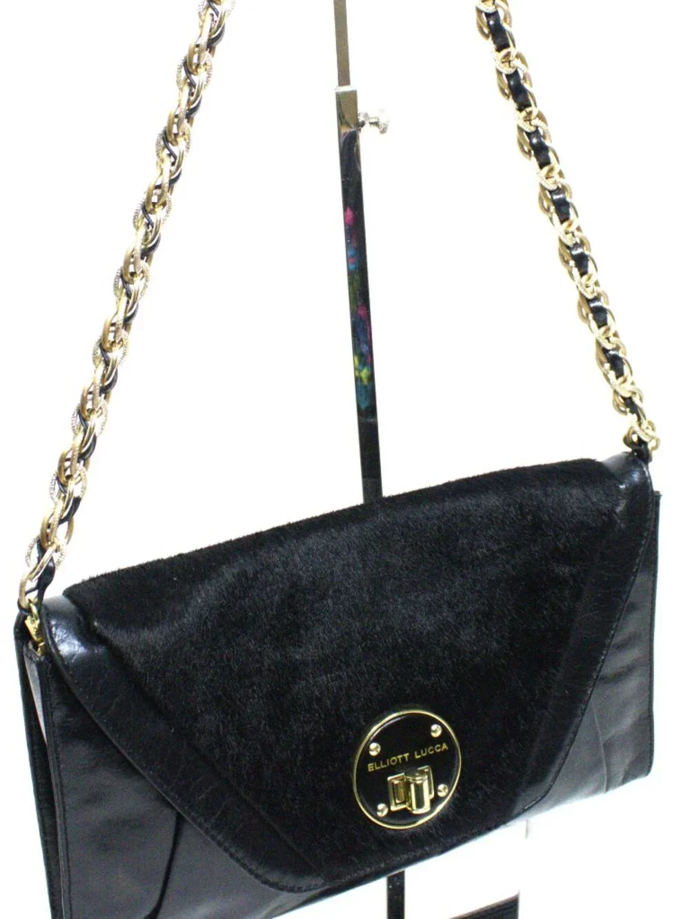 Elliott Lucca Black Leather, Hair on Hide Envelope Should Bag Chain Strap